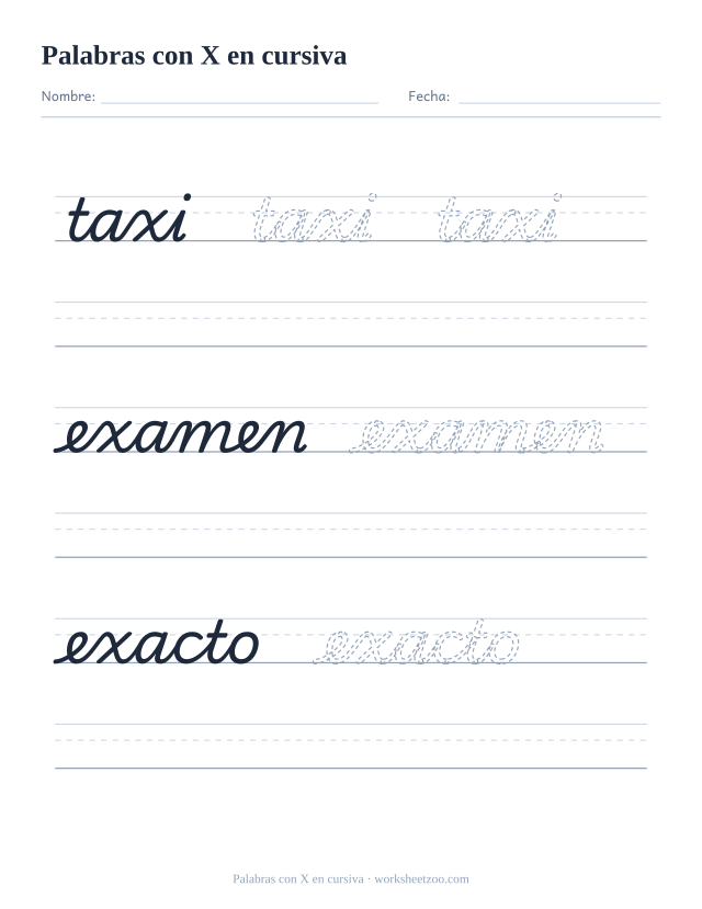 Ficha de palabras con la X en cursiva: taxi, examen, exacto