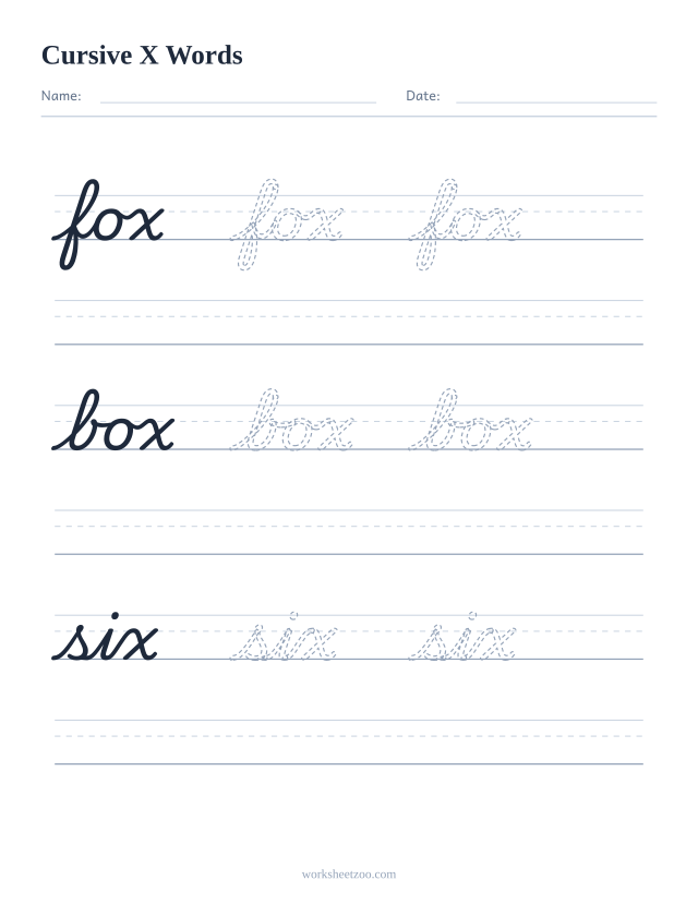 Cursive X words worksheet — trace fox, box, six in cursive
