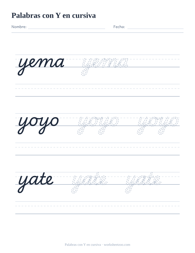 Ficha de palabras con la Y en cursiva: yema, yoyo, yate
