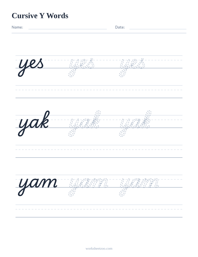 Ficha de palabras con la Y en cursiva: yes, yak, yam