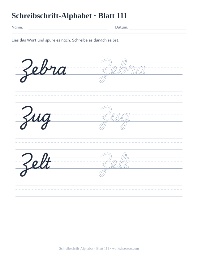 Vorschau: Schreibschrift-Alphabet, druckbares Arbeitsblatt 111
