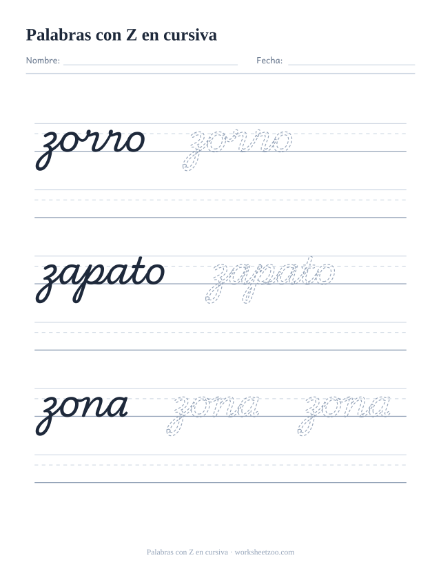 Ficha de palabras con la Z en cursiva: zorro, zapato, zona