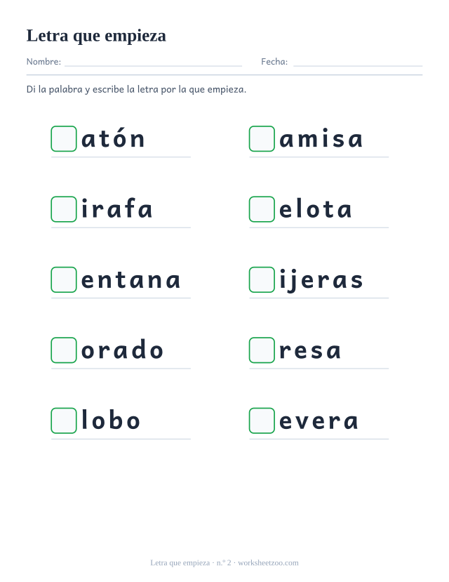 Ficha número 2 de sonido inicial con palabras como ratón, camisa, jirafa y un recuadro en lugar de la primera letra