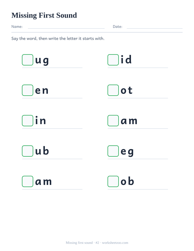 Beginning sound worksheet number 2, ten words such as bug, lid, hen with the first letter replaced by a box