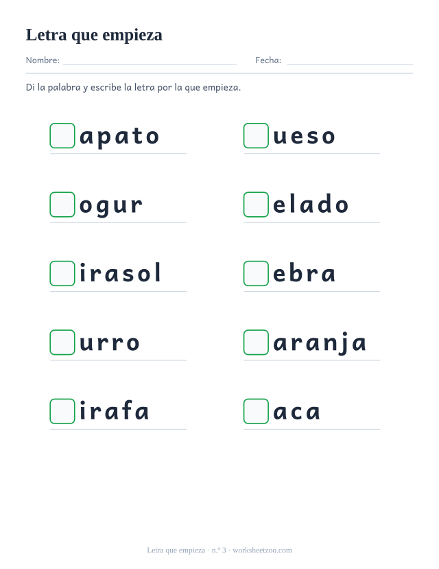 Ficha número 3 de sonido inicial con palabras como zapato, queso, yogur y un recuadro en lugar de la primera letra