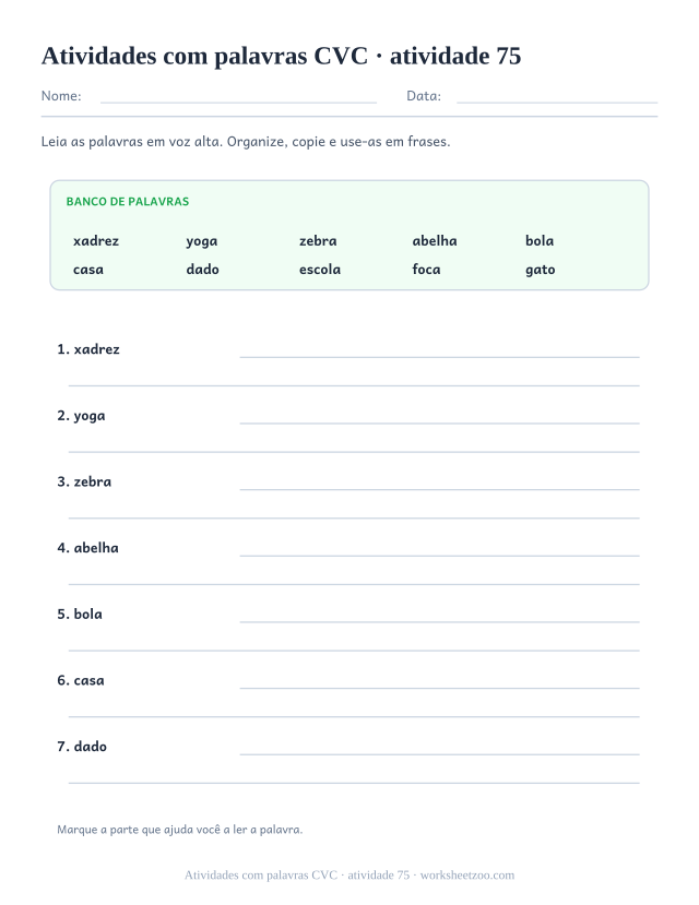 Prévia de Atividades com palavras CVC, atividade 75 para imprimir