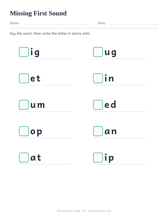 Beginning sound worksheet number 3, ten words such as fig, rug, wet with the first letter replaced by a box