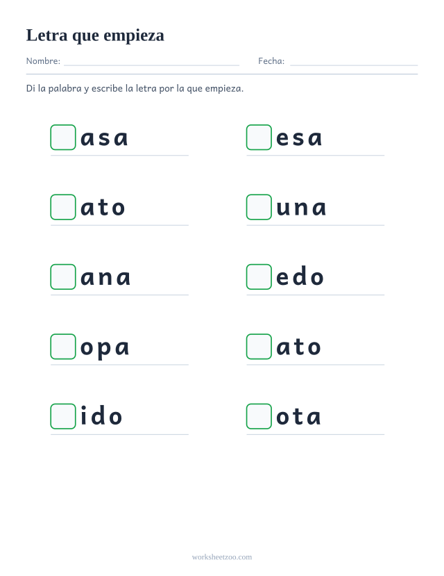 Ficha de sonido inicial, diez palabras con un recuadro en lugar de la primera letra