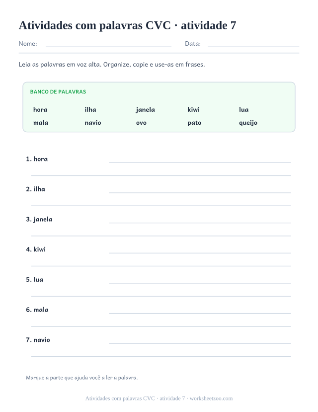 Prévia de Atividades com palavras CVC, atividade 7 para imprimir