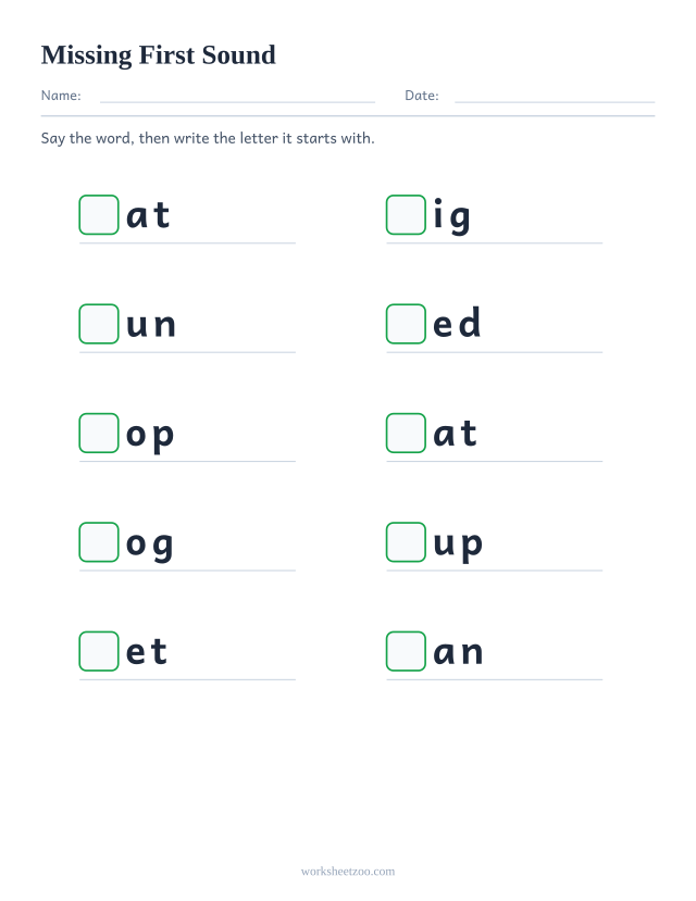Beginning sound worksheet, ten words with the first letter replaced by an empty box