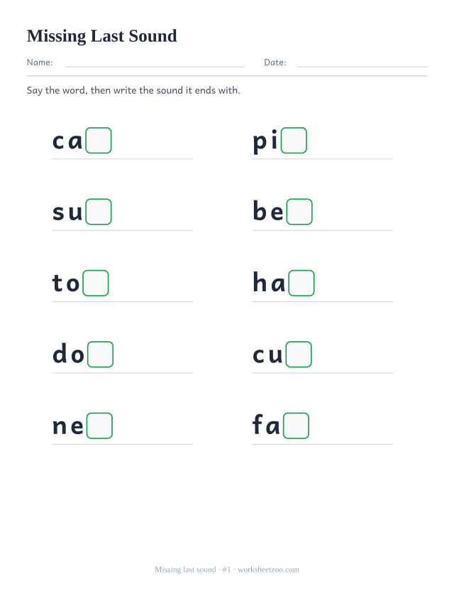 Missing last sound worksheet, ten words such as cat, pig, sun with the final letter replaced by an empty box