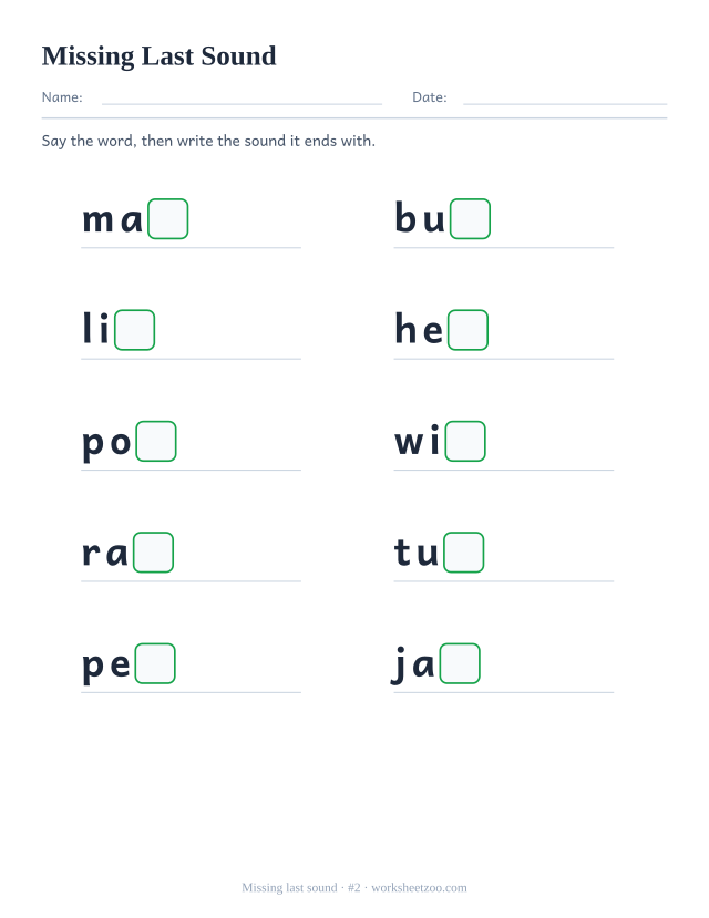 Missing last sound worksheet, ten words such as map, bug, lid with the final letter replaced by an empty box