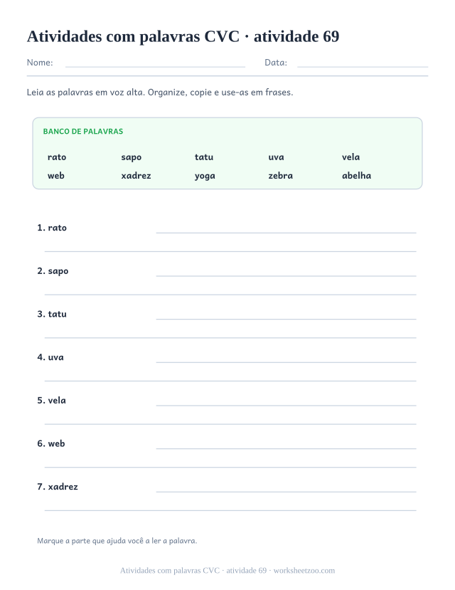 Prévia de Atividades com palavras CVC, atividade 69 para imprimir