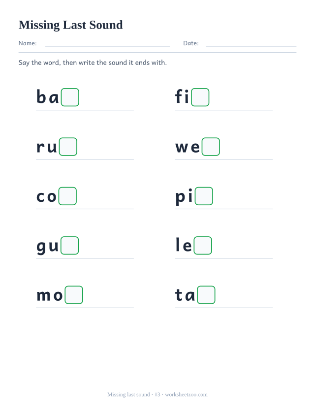 Missing last sound worksheet, ten words such as bat, fig, rug with the final letter replaced by an empty box
