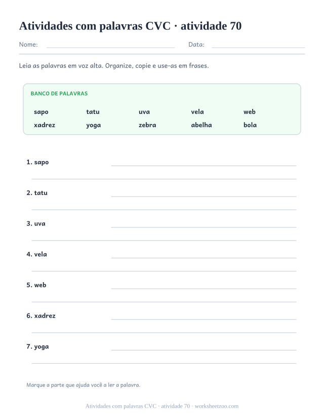 Prévia de Atividades com palavras CVC, atividade 70 para imprimir