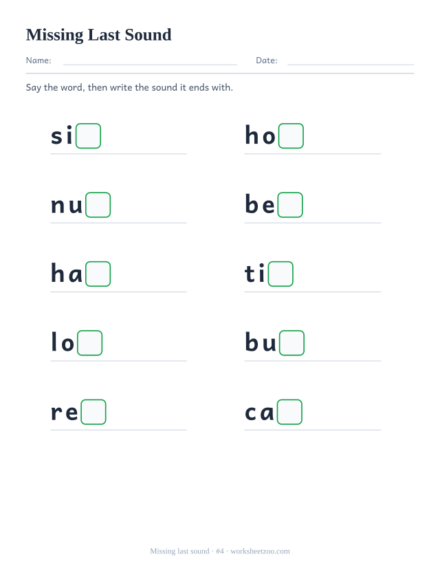 Missing last sound worksheet, ten words such as sit, hop, nut with the final letter replaced by an empty box