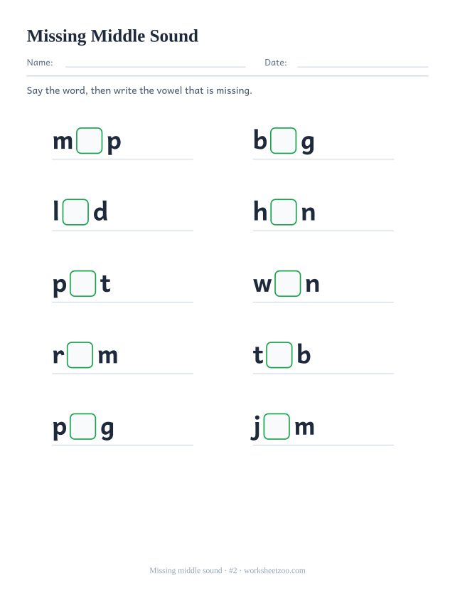 Missing middle sound worksheet number 2, ten words including map, bug, lid with the vowel blanked out