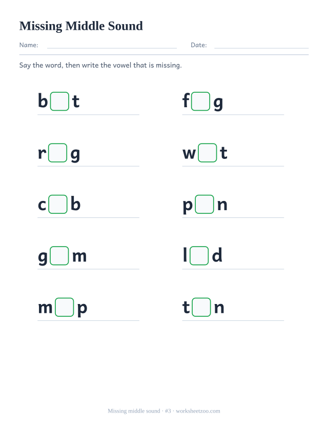 Missing middle sound worksheet number 3, ten words including bat, fig, rug with the vowel blanked out