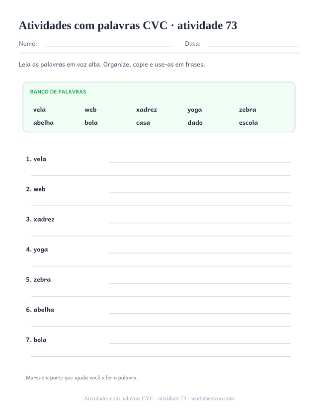 Prévia de Atividades com palavras CVC, atividade 73 para imprimir