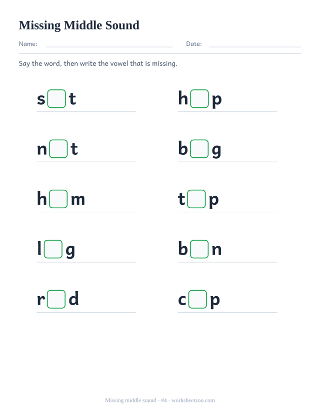 Missing middle sound worksheet number 4, ten words including sit, hop, nut with the vowel blanked out