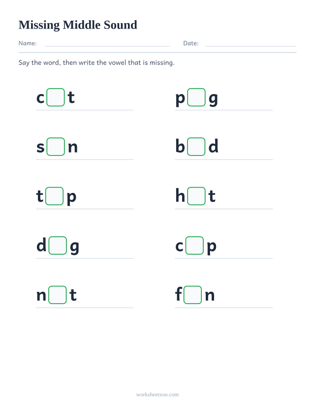 Missing middle sound worksheet, ten CVC words with the vowel replaced by an empty box