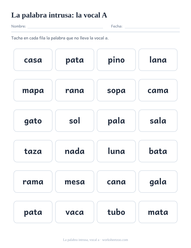 Ficha de la palabra intrusa con la vocal a, seis filas de cuatro palabras y una intrusa por fila