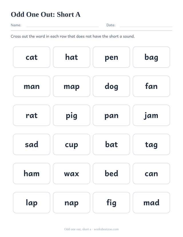 Short a odd one out worksheet, six rows of four words with one word per row missing the short a sound