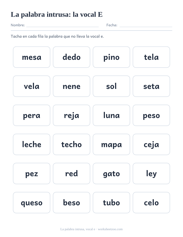 Ficha de la palabra intrusa con la vocal e, seis filas de cuatro palabras y una intrusa por fila