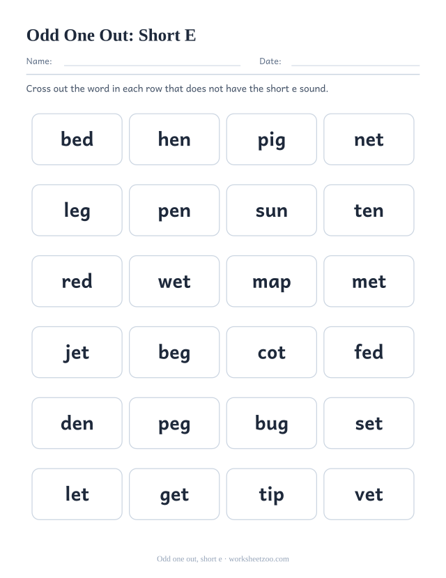 Short e odd one out worksheet, six rows of four words with one word per row missing the short e sound