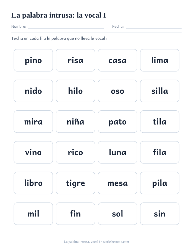 Ficha de la palabra intrusa con la vocal i, seis filas de cuatro palabras y una intrusa por fila