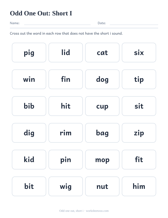 Short i odd one out worksheet, six rows of four words with one word per row missing the short i sound