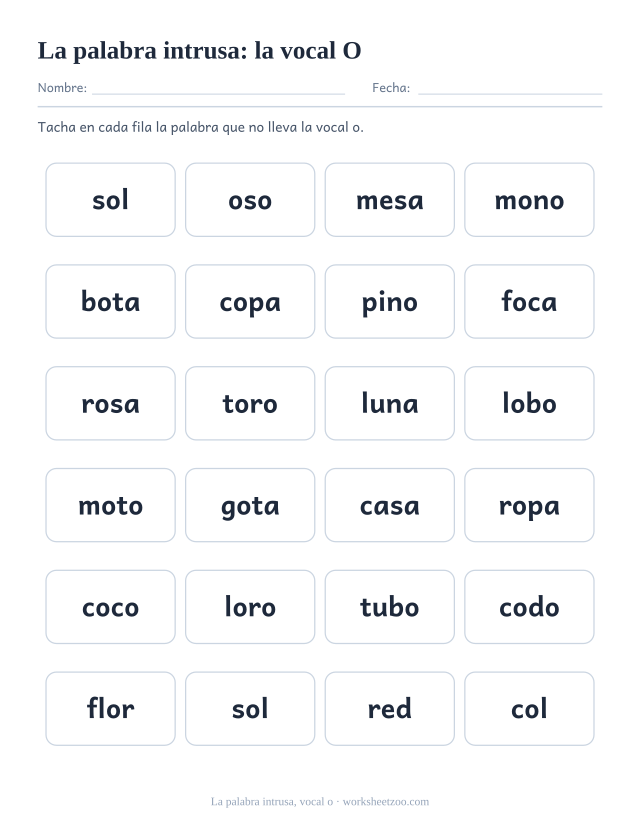 Ficha de la palabra intrusa con la vocal o, seis filas de cuatro palabras y una intrusa por fila