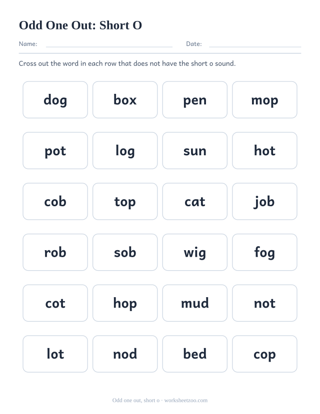 Short o odd one out worksheet, six rows of four words with one word per row missing the short o sound