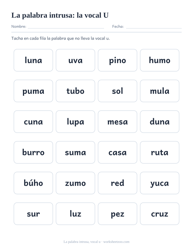 Ficha de la palabra intrusa con la vocal u, seis filas de cuatro palabras y una intrusa por fila