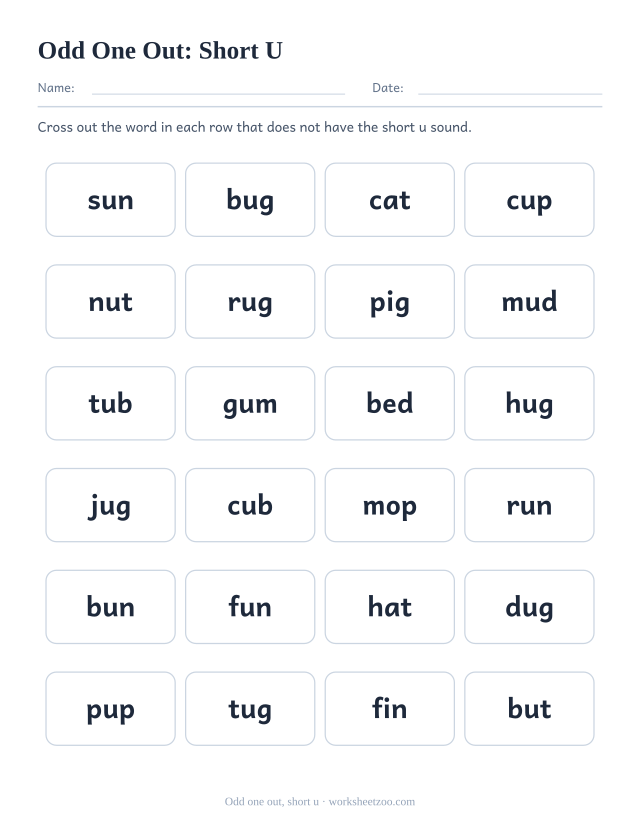 Short u odd one out worksheet, six rows of four words with one word per row missing the short u sound