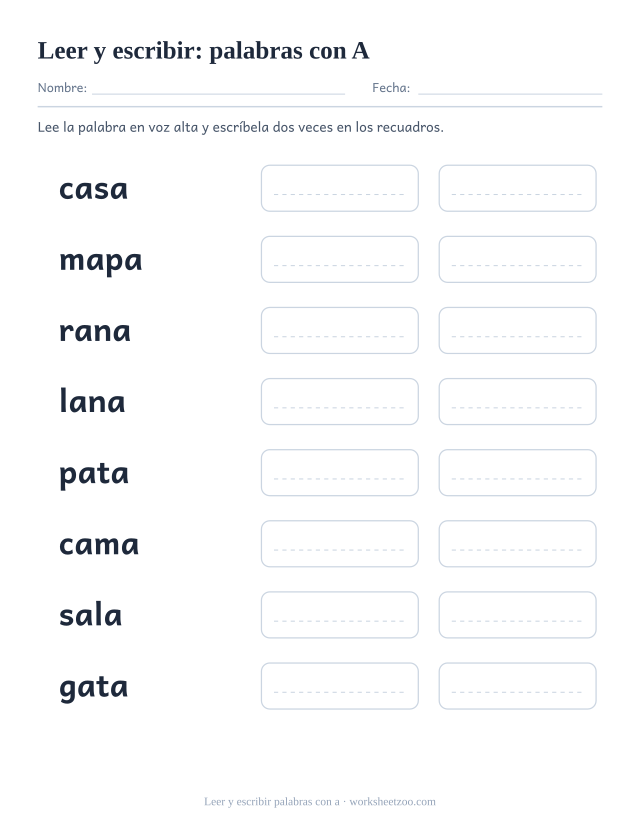 Ficha de leer y escribir palabras con la vocal a: casa, mapa, rana, lana y cuatro más con dos recuadros