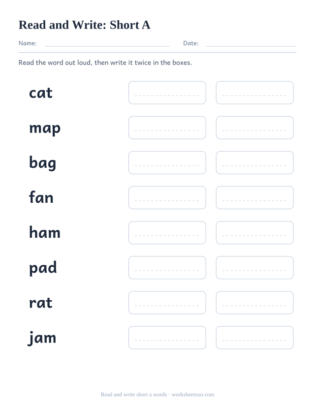 Read and write short a worksheet, eight words including cat, map, bag, fan with two copy boxes each