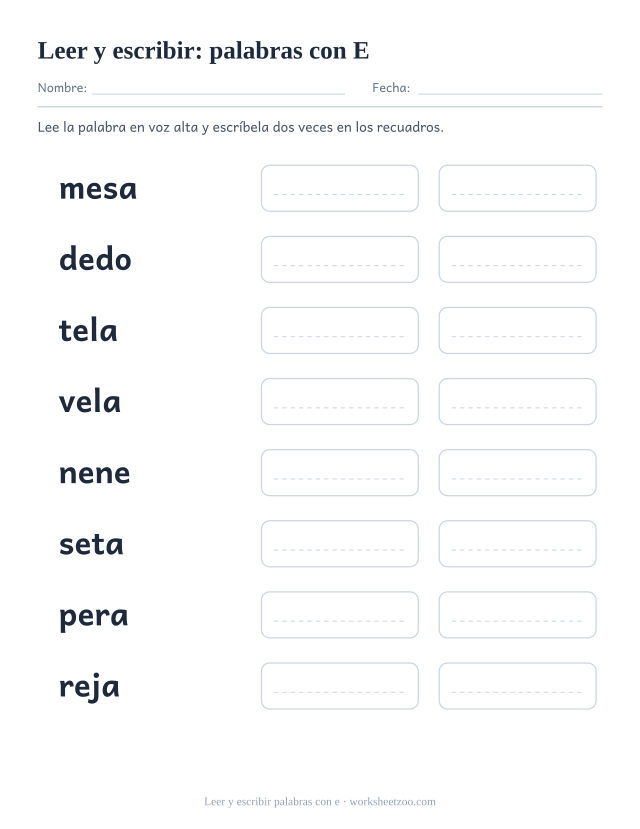Ficha de leer y escribir palabras con la vocal e: mesa, dedo, tela, vela y cuatro más con dos recuadros