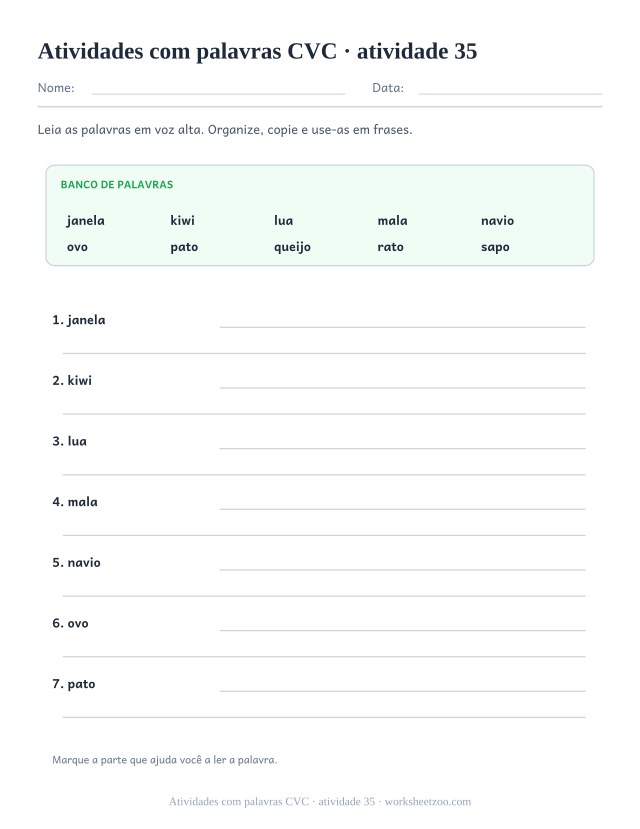 Prévia de Atividades com palavras CVC, atividade 35 para imprimir