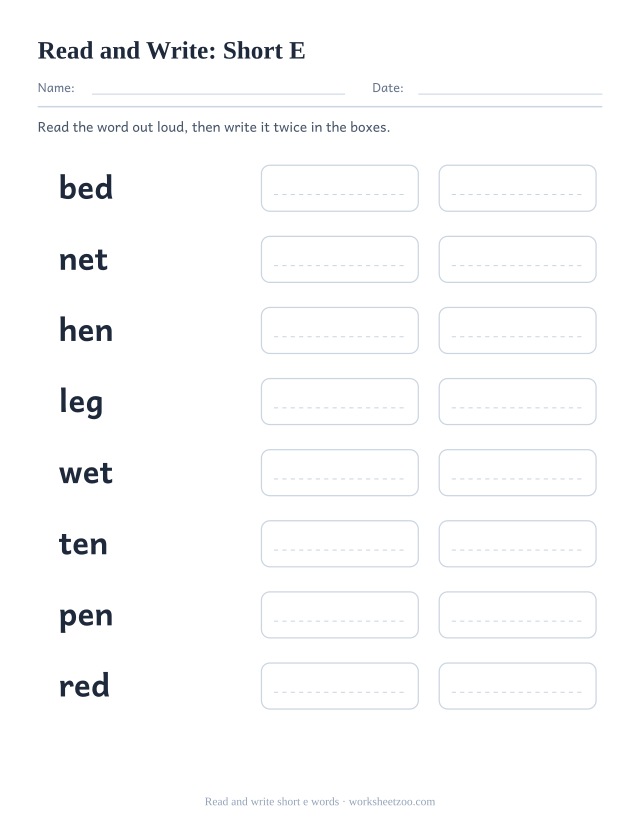 Read and write short e worksheet, eight words including bed, net, hen, leg with two copy boxes each
