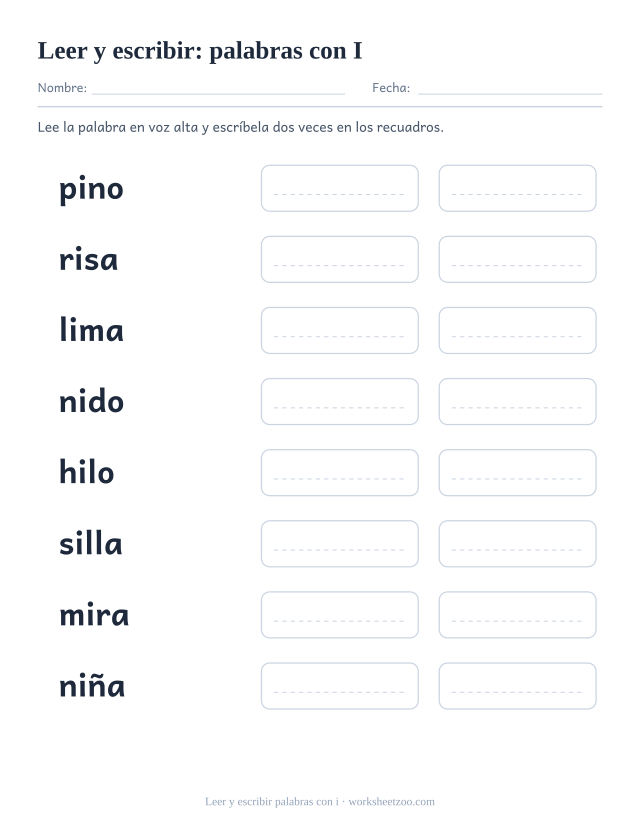 Ficha de leer y escribir palabras con la vocal i: pino, risa, lima, nido y cuatro más con dos recuadros