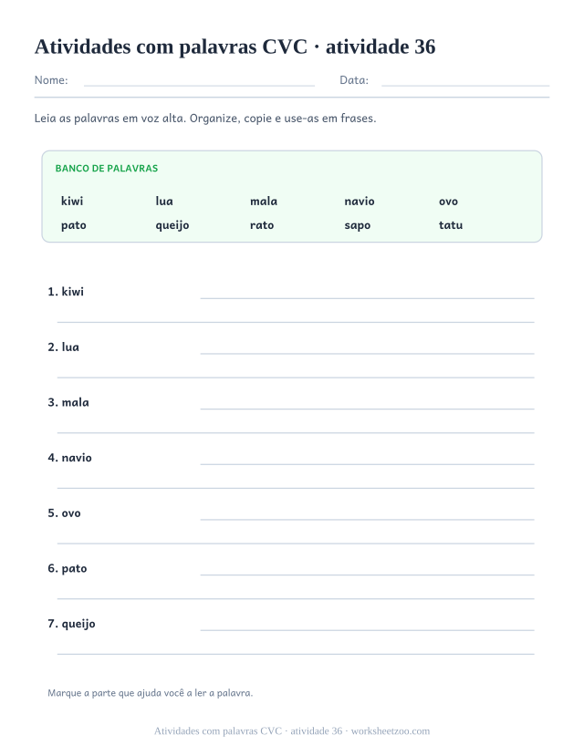 Prévia de Atividades com palavras CVC, atividade 36 para imprimir