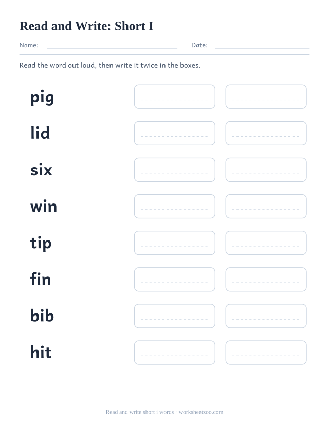 Read and write short i worksheet, eight words including pig, lid, six, win with two copy boxes each