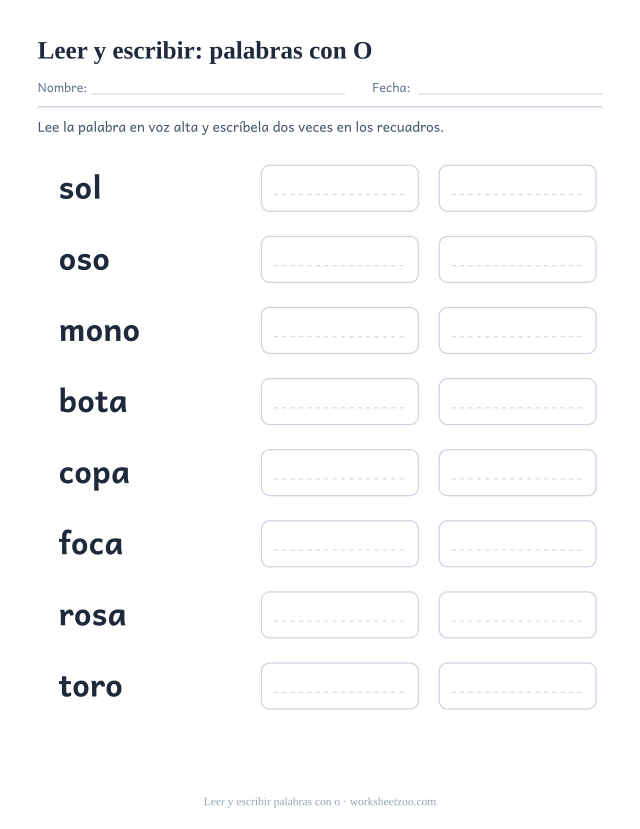 Ficha de leer y escribir palabras con la vocal o: sol, oso, mono, bota y cuatro más con dos recuadros