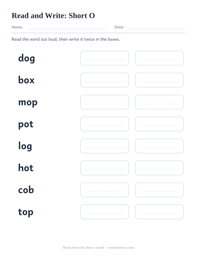 Read and write short o worksheet, eight words including dog, box, mop, pot with two copy boxes each