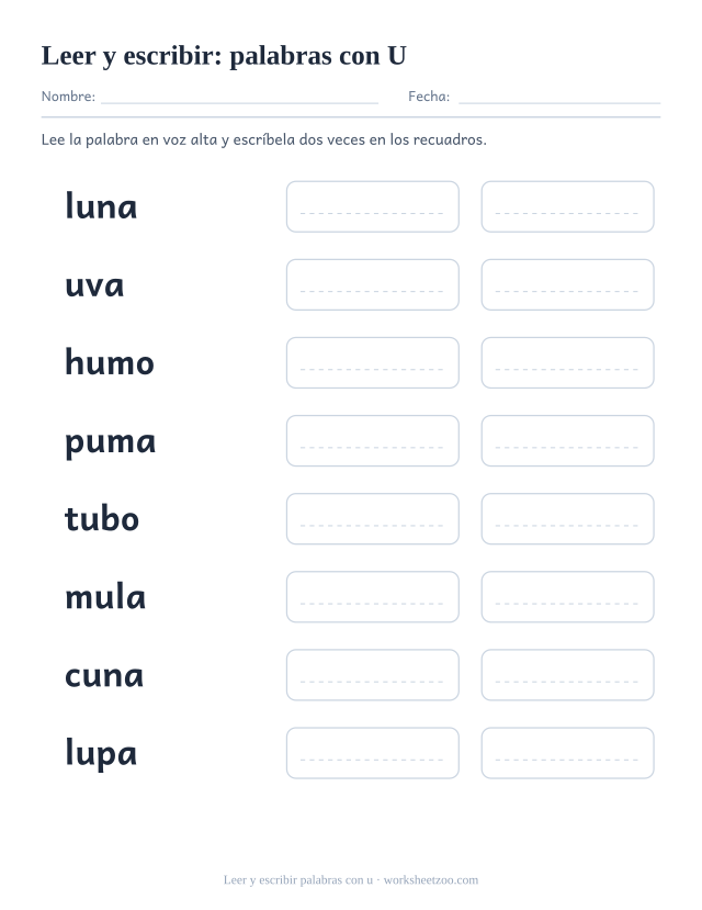 Ficha de leer y escribir palabras con la vocal u: luna, uva, humo, puma y cuatro más con dos recuadros
