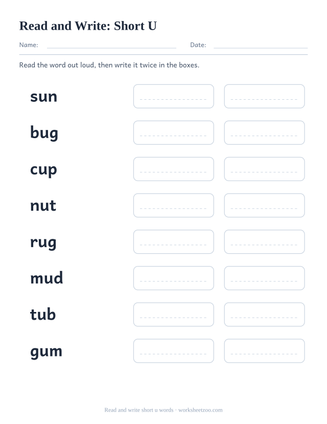 Read and write short u worksheet, eight words including sun, bug, cup, nut with two copy boxes each