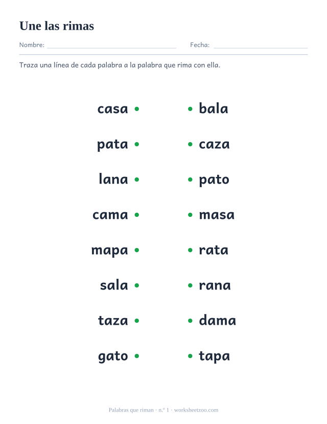 Ficha de rimas con ocho palabras a la izquierda para unir con la que rima a la derecha, como casa y masa