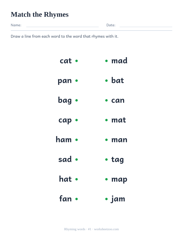 Rhyming words worksheet, eight words on the left to join to their rhyme on the right, starting with cat and mat