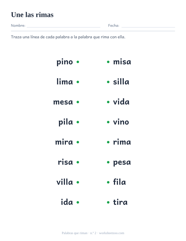 Ficha de rimas con ocho palabras a la izquierda para unir con la que rima a la derecha, como pino y vino